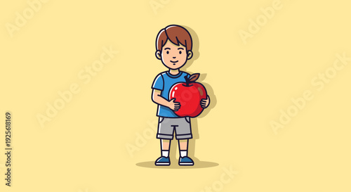Cartoon boy holding red backpack illustration.