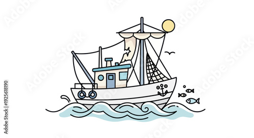 Hand Drawn Fishing Boat on Water.