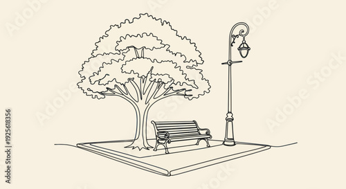Simple Line Drawing of Tree and Bench.
