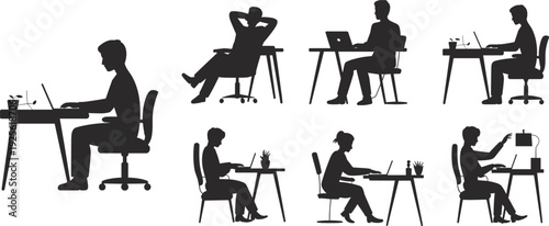 Office desk silhouettes, remote work, laptop posture, productivity, relaxation, technology, plants, workspace, creativity, modern lifestyle