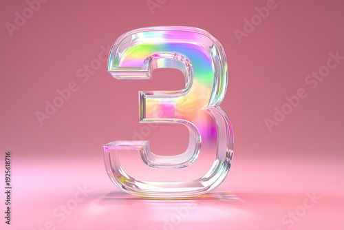 Colorful Number Three 3D Glass Digit On Pink
