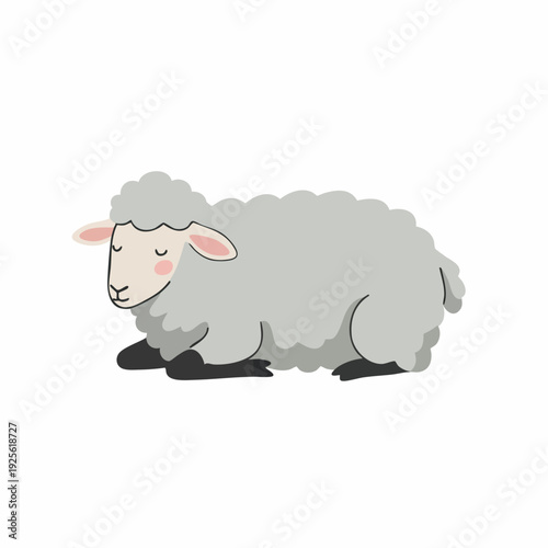 Cute Cartoon Flat Laying Sheep with Closed Eyes Farm Animal Illustration