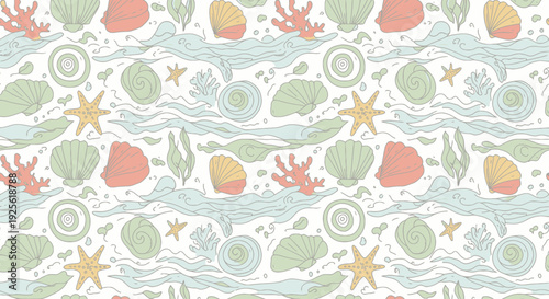 Seamless Ocean Pattern with Coral and Shells.