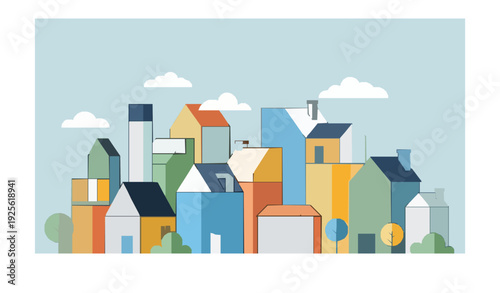 Create a bright flat vector illustration of a modern neighborhood scene featuring geometric houses. Use bold vibrant colors, simple shapes, clean lines, and minimal details. Include multiple homes wit