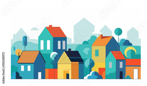 Design a colorful flat-style neighborhood background with geometric houses in various shapes and sizes. Use vibrant pastel tones, simplified windows and doors, stylized trees, and clean shadows. Balan