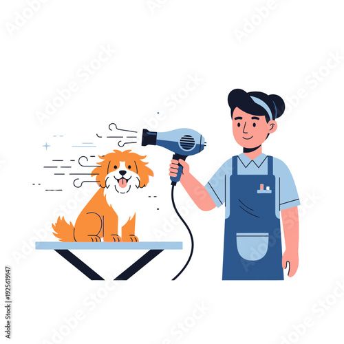 Happy dog being dried with a hairdryer by a groomer on a grooming table