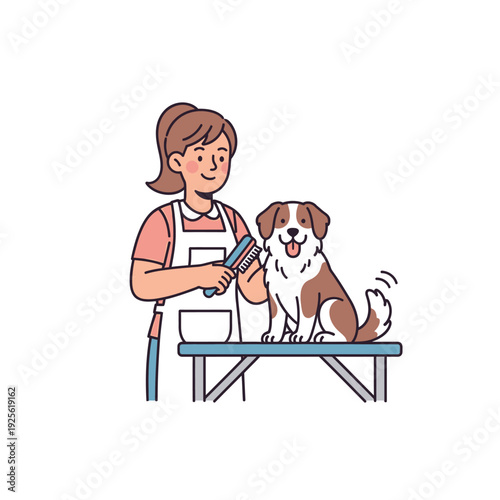 Happy dog being groomed by a smiling groomer on a grooming table