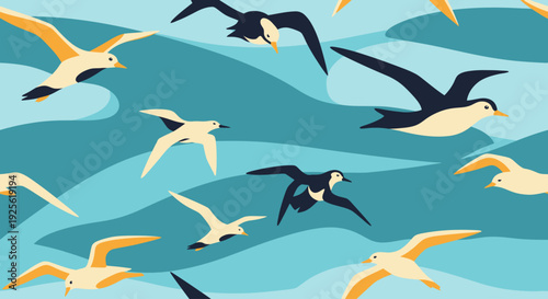 Flock of Seagulls Flying Over Ocean Waves.