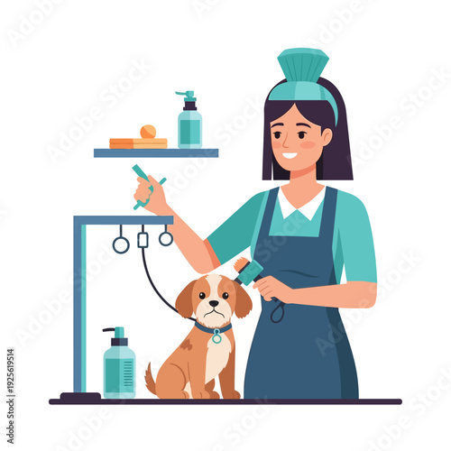 Professional groomer styling a cute puppy with grooming tools and products