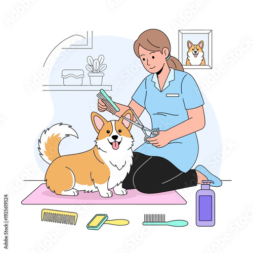 Professional groomer styling a happy corgi dog with scissors and comb in a salon