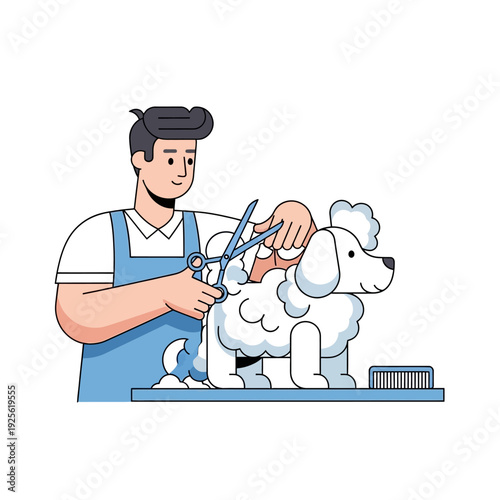 Professional groomer trims fluffy white poodle with scissors, grooming salon, happy dog