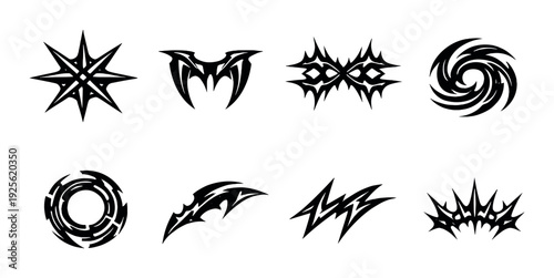 Abstract tribal tattoo shapes arranged on dark gradient background