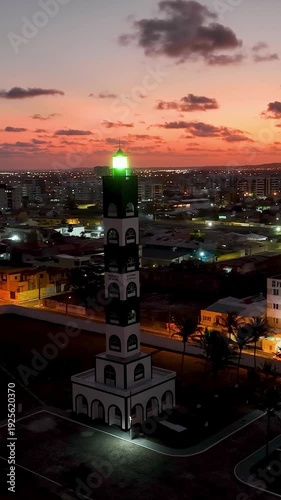 Lighthouse At Aracaju Sergipe Brazil. Aerial View Of A Bustling Ligthhouse In A Coast City. Sunset Sky Downtown Cityscape. Sunset Outdoor Downtown Panning Wide. Aracaju Sergipe.