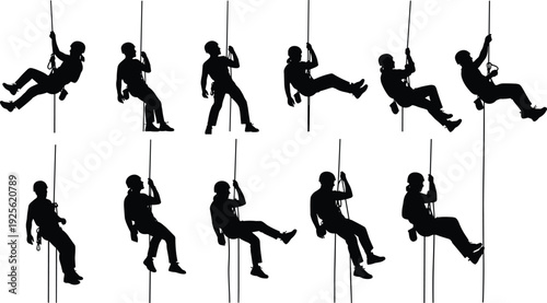 Rope climbing silhouettes, rappelling figures, harness safety, helmet gear, adventure sport icons, descent ascent techniques, outdoor training illustration