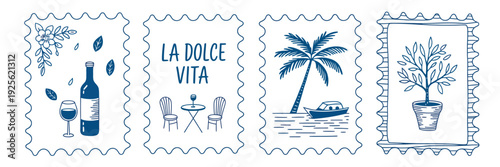 Charming hand-drawn vector illustrations depicting Italian 'La Dolce Vita' theme with wine, palm trees, and coastal elements, evoking a sense of leisure and vacation.
