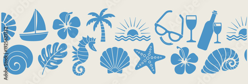 Billede på lærred Vibrant blue silhouette icons representing a tropical beach vacation, featuring sailboats, palm trees, sunglasses, cocktails, seashells, and marine life, perfect for summer themes