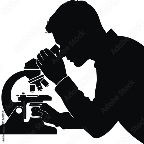 Scientist silhouette using microscope, laboratory research analysis medical science experiment black vector illustration isolated on white background