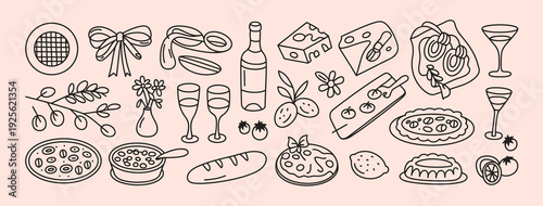 Whimsical hand-drawn vector assortment of Italian culinary delights and celebratory items, featuring pizzas, pasta, cheese platters, wine, champagne, and baked goods for festive occasions.