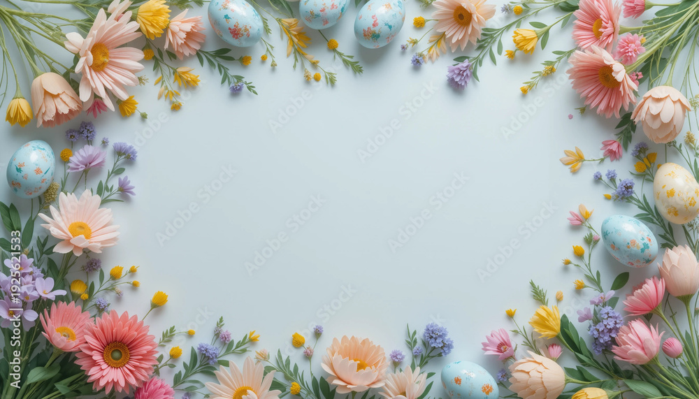 Obraz premium Easter floral frame surrounded by painted eggs on a light blue background with copy space 
