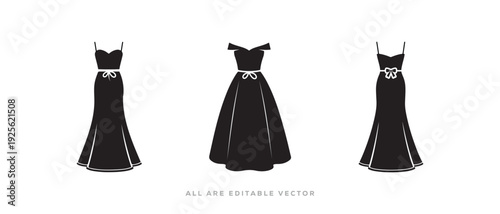 Elegant gown Dress Silhouette Set Vector Isolated on White. Formal Dress Icon Collection. Vector illustration
