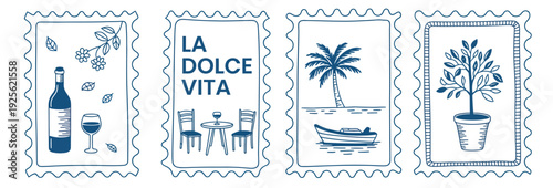 Set of four charming stamp-like illustrations featuring a bottle of wine with a glass, a cafe scene with 'La Dolce Vita' text, a tranquil beach with a boat, and a potted plant.