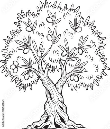 A beautiful black and white illustration of a tree with twisted trunk and lush foliage.