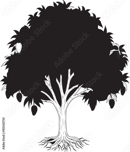 A simple black and white illustration of a tree with visible roots and hanging fruits.