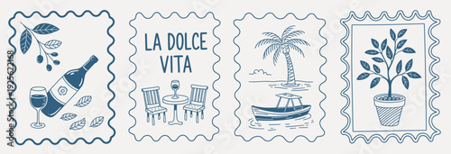 Charming hand-drawn illustrations in postage stamp style, depicting Italian 'La Dolce Vita' themes: wine, olive branches, a seaside cafe scene with a boat, and a potted citrus tree.