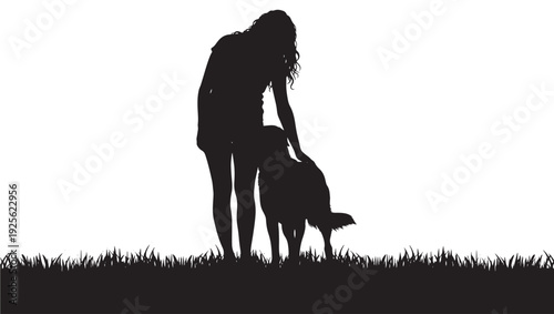 Woman silhouette petting dog on grass, affectionate outdoor companionship scene, minimal black cutout style isolated on white background with copy space