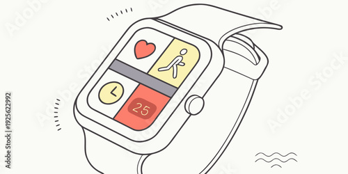 A stylized illustration of a smartwatch displaying various health and activity tracking features.