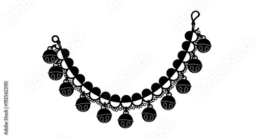 A detailed black silhouette of an ornate anklet with multiple bells ideal for design projects on transparent background