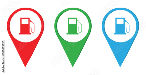 Colorful Gas Station Map Pin Icons Set on White Background. Fuel Station Location Pins in Red Green and Blue, Vector Illustration