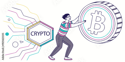 A person pulling a giant bitcoin symbol with crypto elements in the background