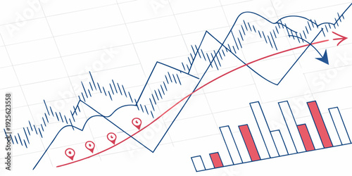 Stock market trends with volume bars and price movement analysis