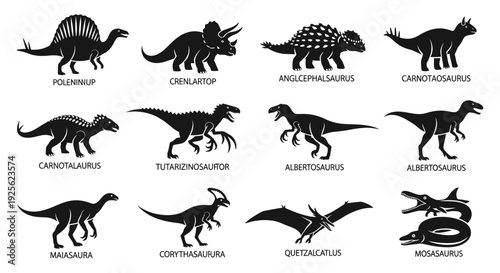 Collection of Various Dinosaur Silhouettes and Illustrations.