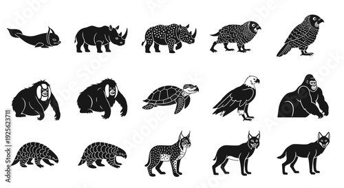 Collection of Various Endangered Animal Silhouettes.