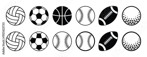 Collection of Sports Balls Volleyball, Soccer, Basketball, Baseball, Football, Golf