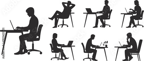 Silhouette workers, desk activities, laptop users, study posture, office ergonomics, productivity, remote work, writing, drawing, focus, concentration, relaxation