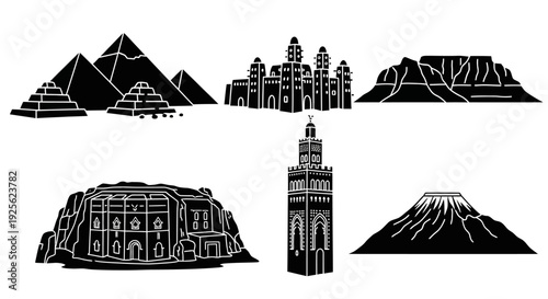 Collection of Various Landmark Silhouettes and Buildings.
