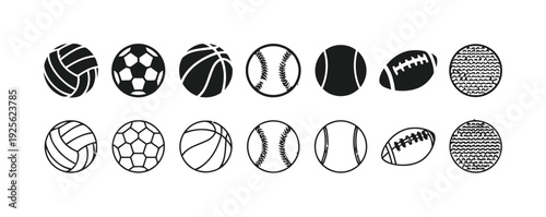 Collection of Sports Balls Volleyball, Soccer, Basketball, Baseball, Football, Tennis