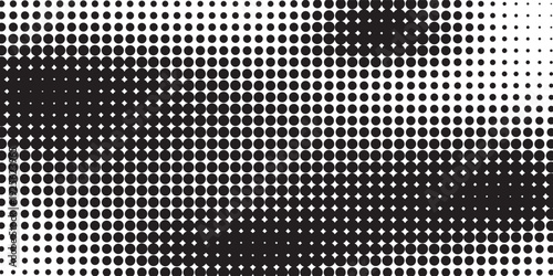 Grunge halftone gradient background. Faded grit noise texture. White and black sand wallpaper. Retro pixelated backdrop.