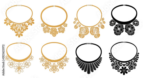 A collection of ornate necklace designs in varying gold tones and black ideal for design projects on transparent background silhouette