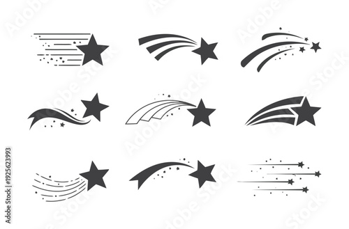 Collection of stylized shooting star with trails and sparkles