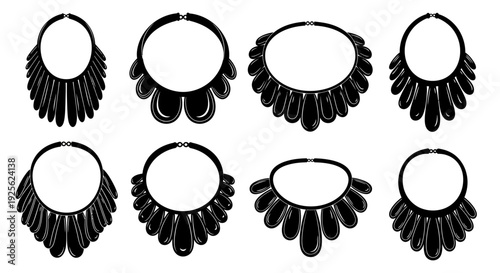 Six black necklace designs varying in shape and detail presented as a graphic element on transparent background silhouette
