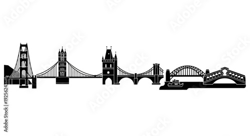 Famous Bridge Silhouettes Against White Background.