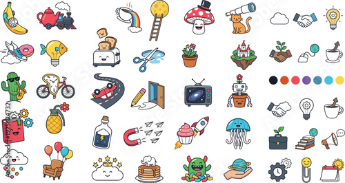Surreal vector icons set featuring creative concepts colorful stickers sustainability reporting corporate compliance carbon neutral ESG timeline and business growth symbols