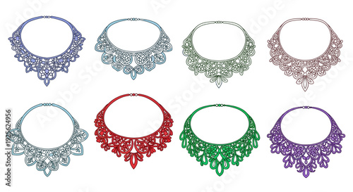 A vibrant collection of eight intricately designed necklace silhouettes displayed in various colors on transparent background high quality professional