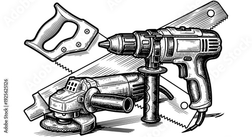 Set of power tools including drill sander and saw for various construction and renovation tasks in a detailed black and white illustration
