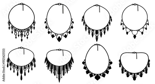A collection of eight black necklace designs displayed in a grid format on transparent background silhouette high quality professional