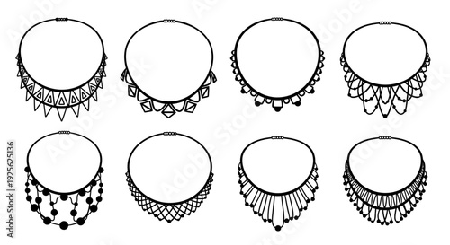 Eight hand drawn necklace designs showcase varied styles and intricate detailing on transparent background silhouette high quality professional detailed modern